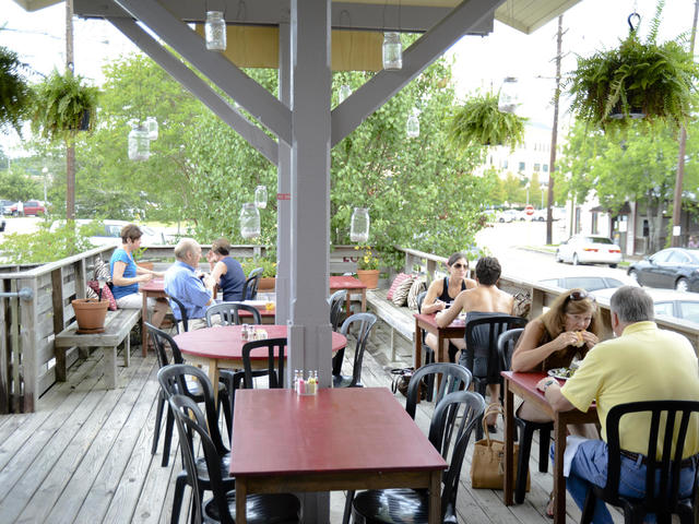 Diners enjoy lunch outdoors or inside the historic train depot.